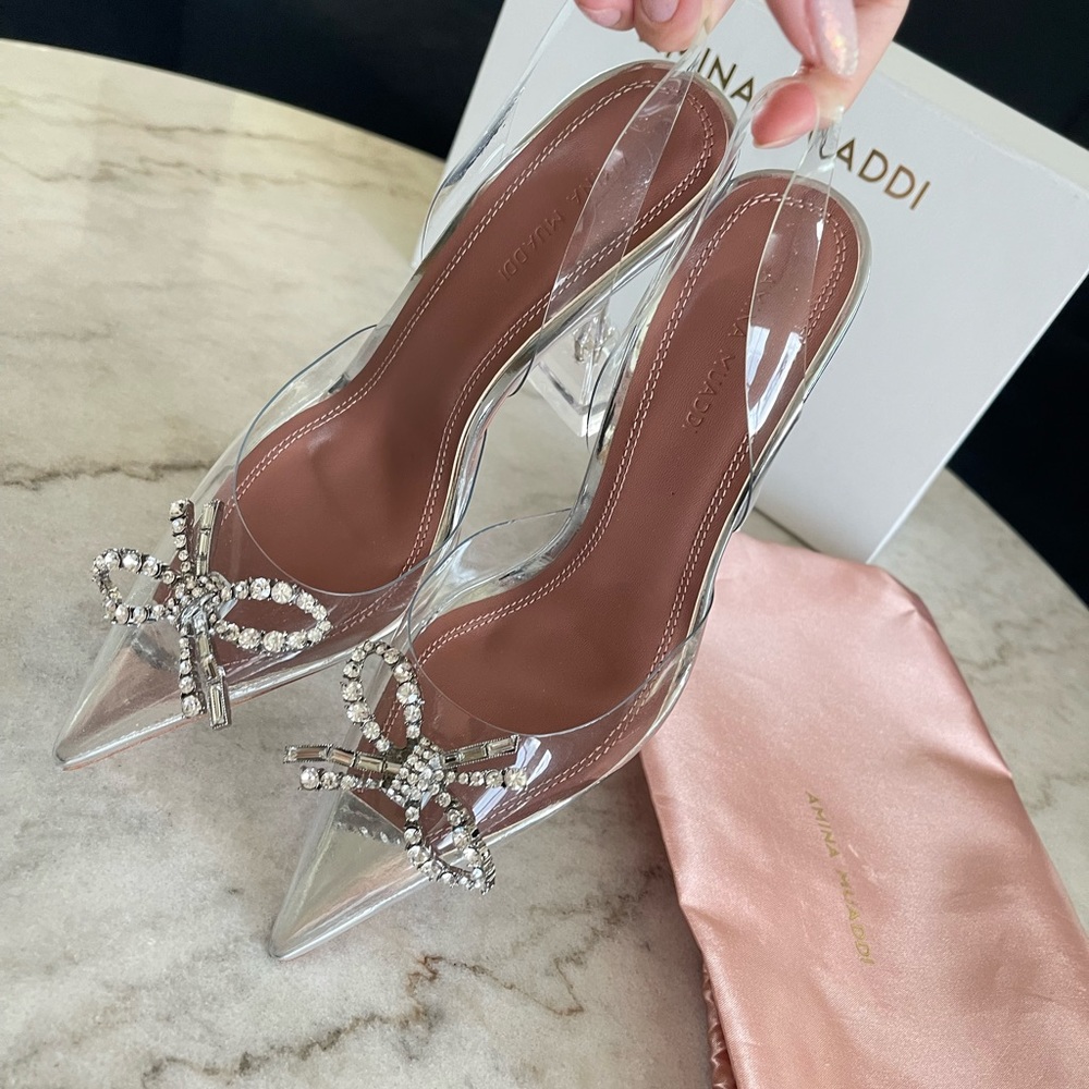 Amina Muaddi Rosie Glass Slingback Heels Size US 6 EU 36 Shoes 💎Begum Authentic
